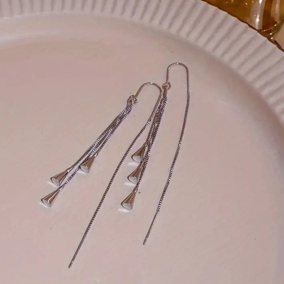 FANCY 3 CHAIN SILVER THREADER EARRINGS WITH EMBELLISHMENTS 925 - Picture 4 of 5